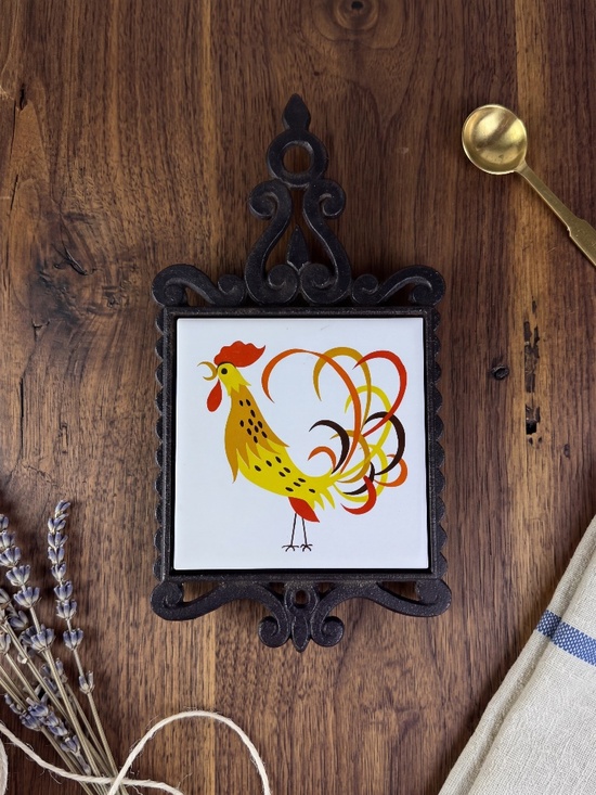 Cherry Other - Vintage Cherry Japan Cast Iron Trivet – Rooster Ceramic Tile | Wall Hanging